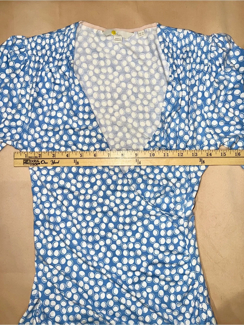 Boden Blue White Polka Dot Faux Wrap Ruched Puff Sleeve Jersey Top US 8